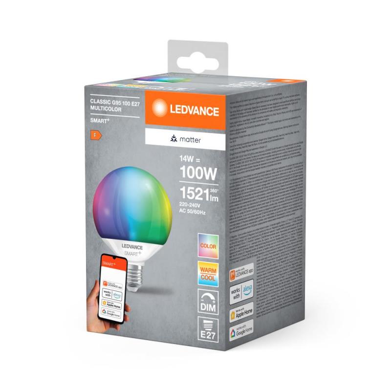 Ledvance E27 SMART+ MATTER Globe 95 LED-Lampe, kompatibel mit Google, Alexa, Apple 4,8W Multicolor 2700-6500K